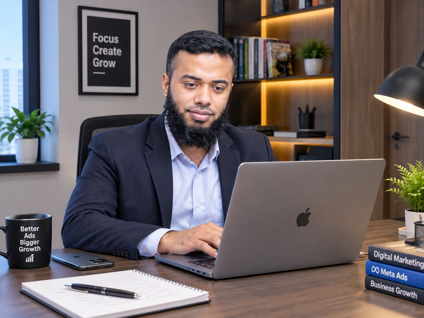 About focused digital marketer at work